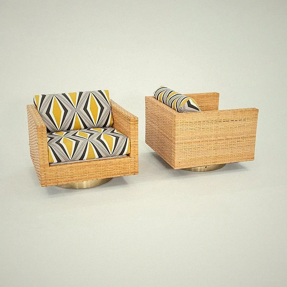 1977 Pair of Harvey Probber Cube Swivel Lounge Chairs in Woven Latania Palm Cane