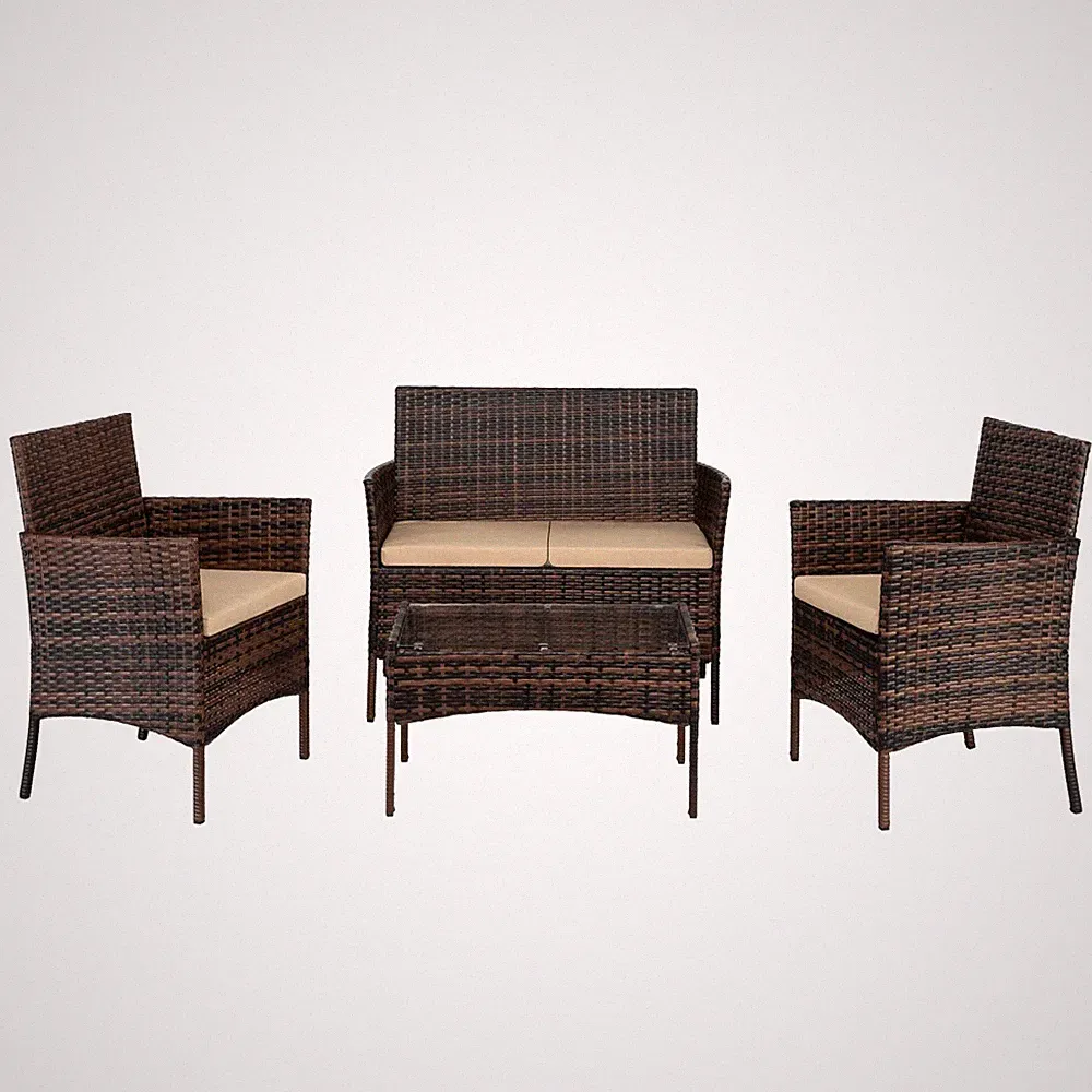 2pcs Arm Chairs 1pc Love Seat & Tempered Glass Coffee Table Rattan Sofa Set