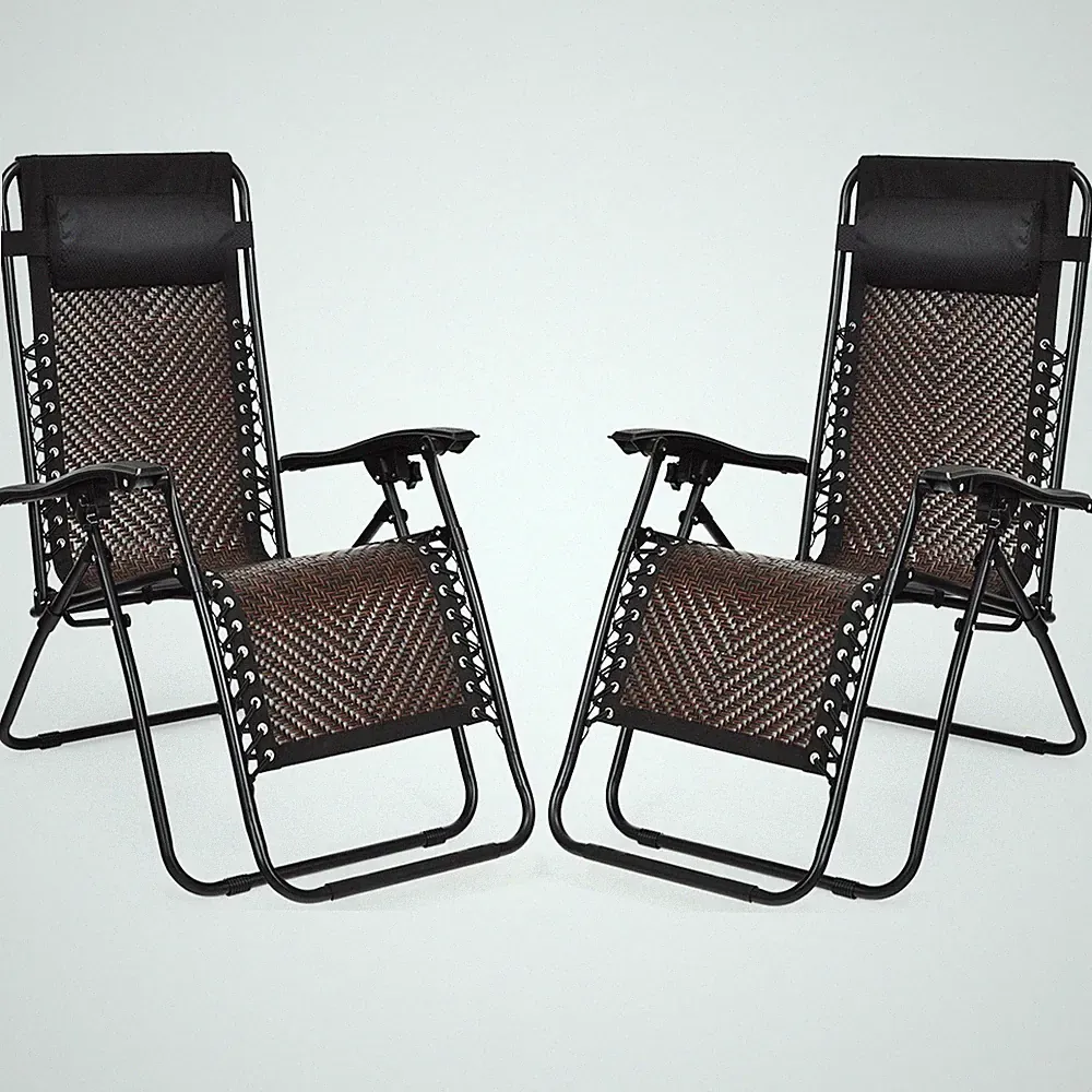 2PCS Patio Rattan Zero Gravity Lounge Chair Folding Recliner Headrest Brown