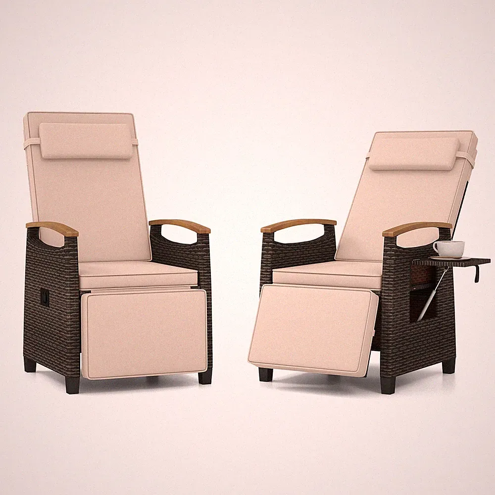 2PCS Patio Wicker Recliner Chair, Rattan Lounge Chair w/ Adjustable Backrest
