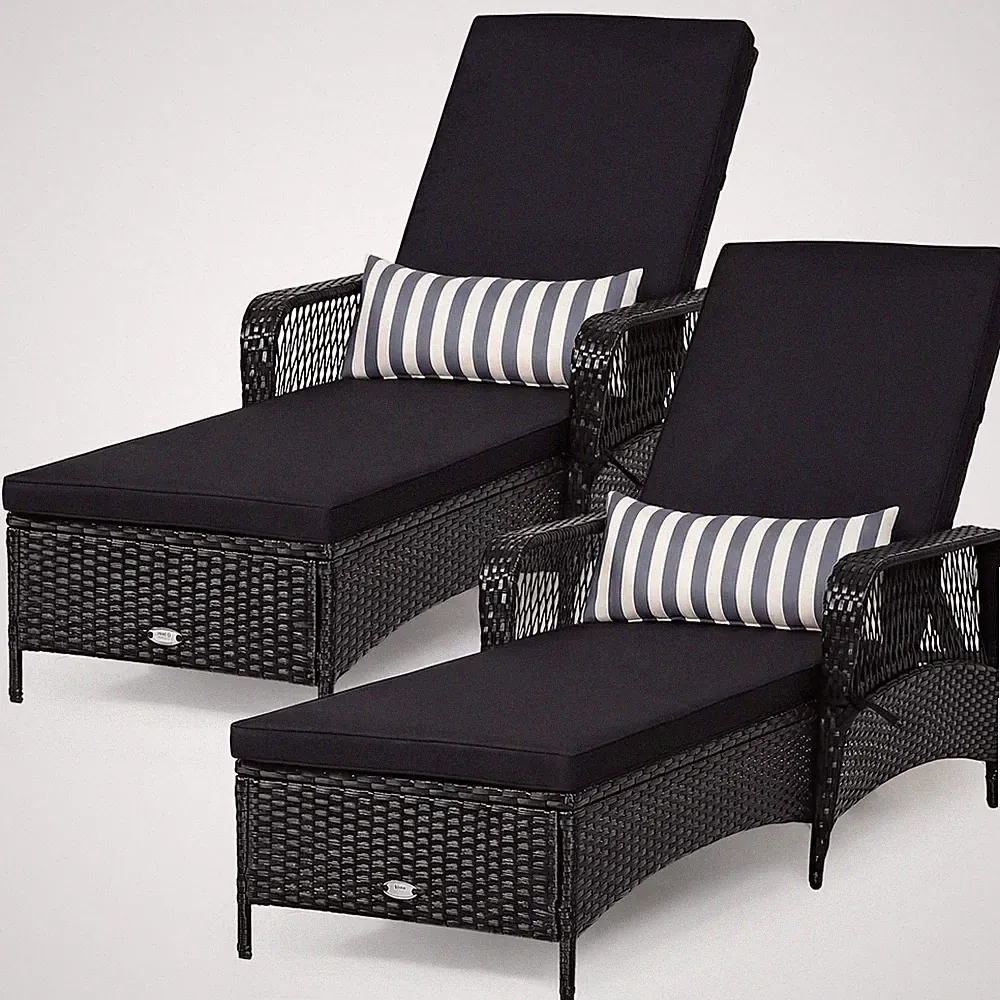 2PCS PE Rattan Chaise Lounge Chair Recliner Adjustable Pillow Black