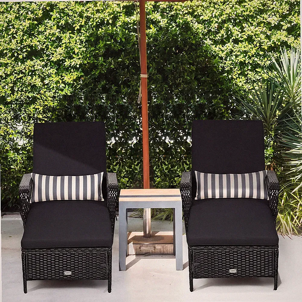 2PCS PE Rattan Chaise Lounge Chair Recliner Adjustable Pillow Black for yard