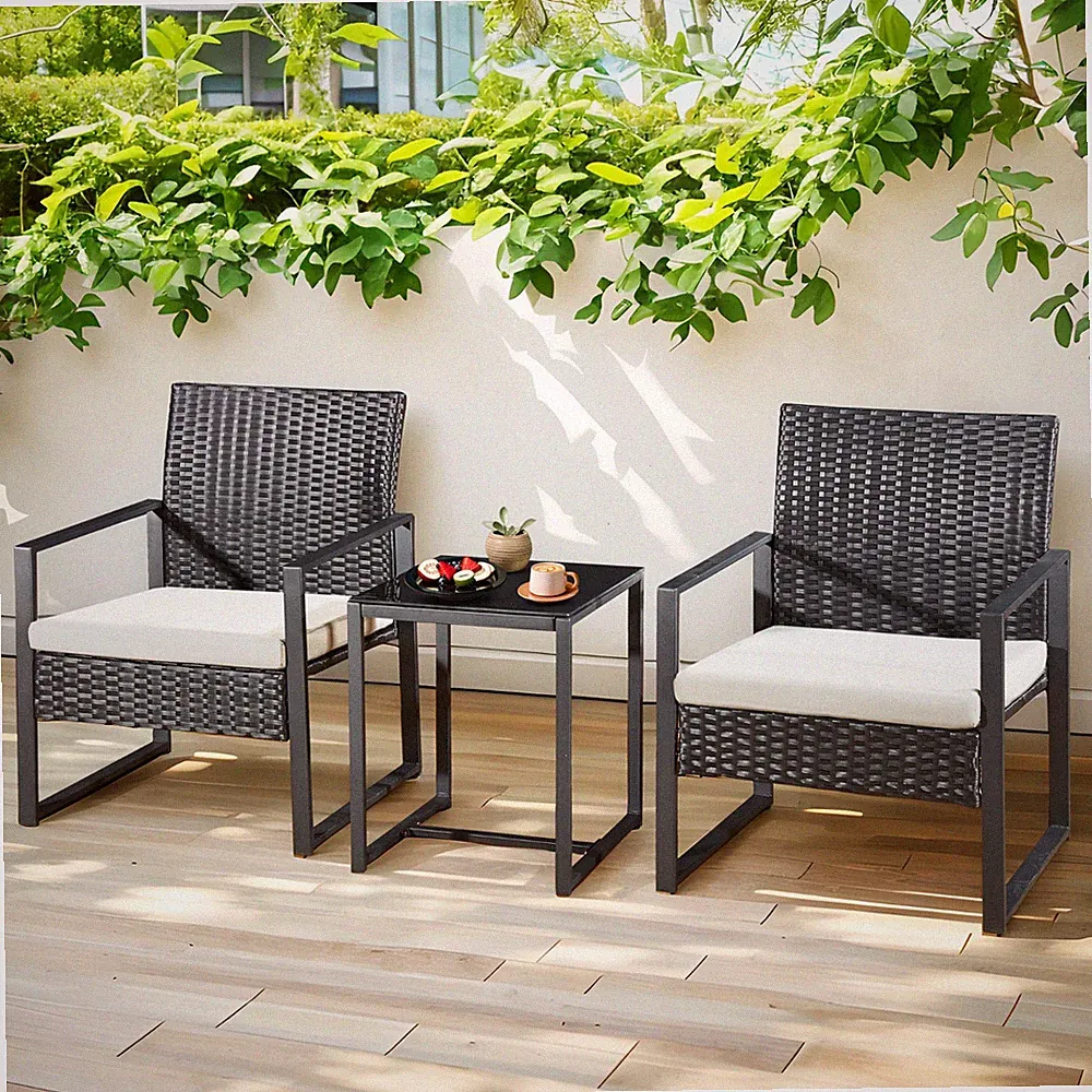 3PC Rattan Furniture Bistro Set Garden Table Chairs Patio Outdoor Black/Grey