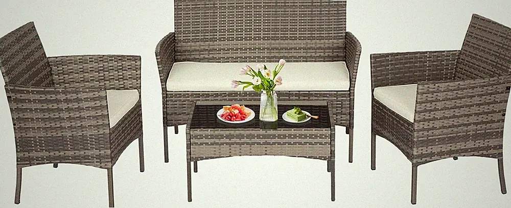 4-Piece Patio Furniture Set | Gray & Khakhi | Outdoor Wicker Furniture with Co