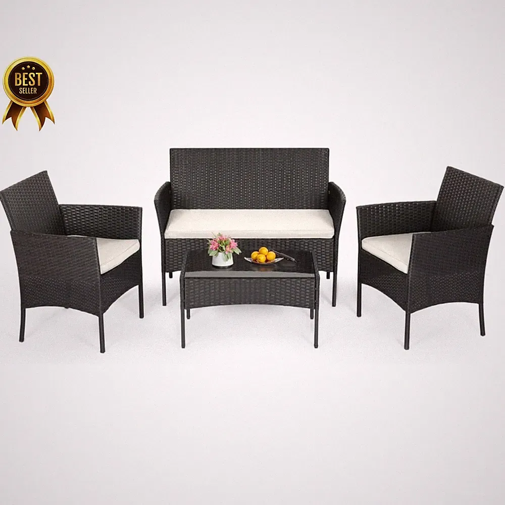 4 Piece Patio Furniture Set Outdoor Wicker Rattan Chairs w/ Coffee Table Black