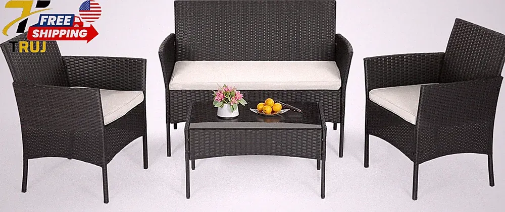 4 Piece Patio Furniture Set Wicker Patio Conversation Furniture for Porch Garden