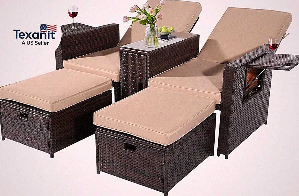 5PCS Outdoor Wicker Chaise Lounge Chair - Rattan Adjustable Reclining Patio Loun