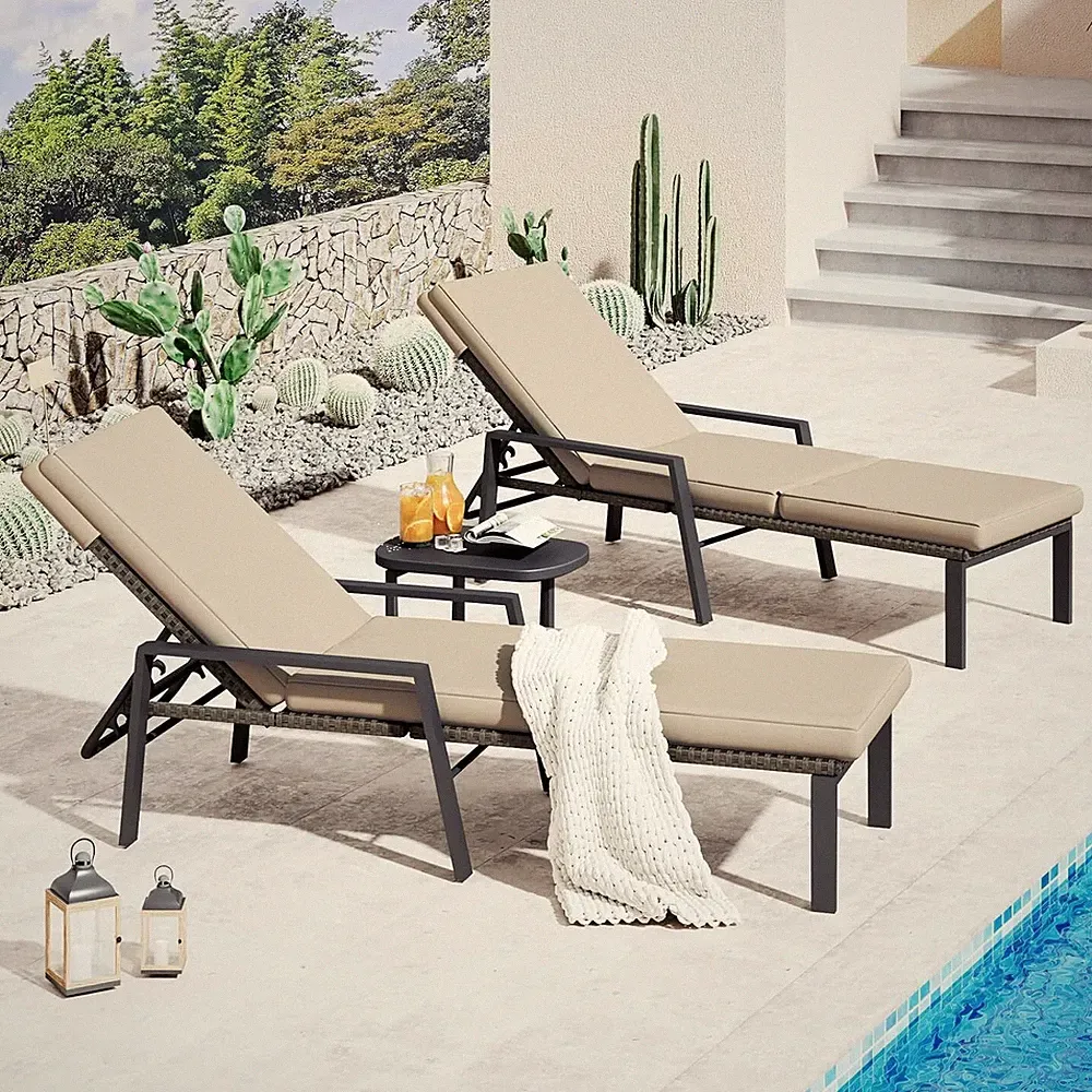 Chaise Lounge Chairs Set of 2 Adjustable PE Rattan Recliners Removable Cushion