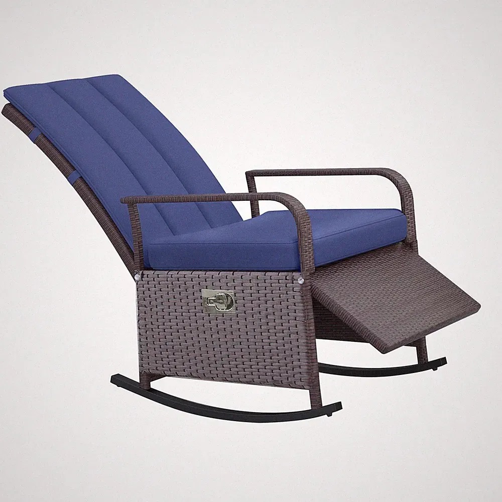 Durable 135° Reclining Rattan Rocker 352lb Blue Cushion Ready