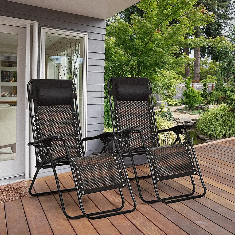 Folding Set of 2 Rattan Patio Zero Gravity Lounge Chair Recliner w/ Headrest
