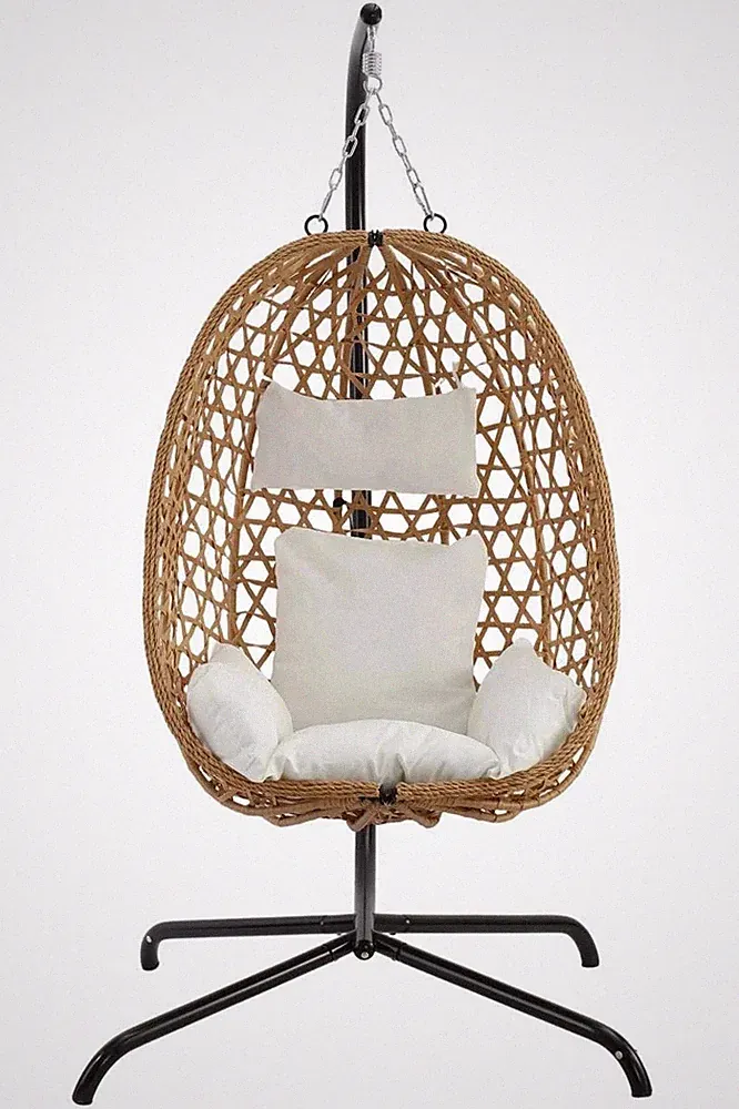 Hanging Egg Chair with Metal Stand & Cushion Set Rattan Garden Swing Chair Brown
