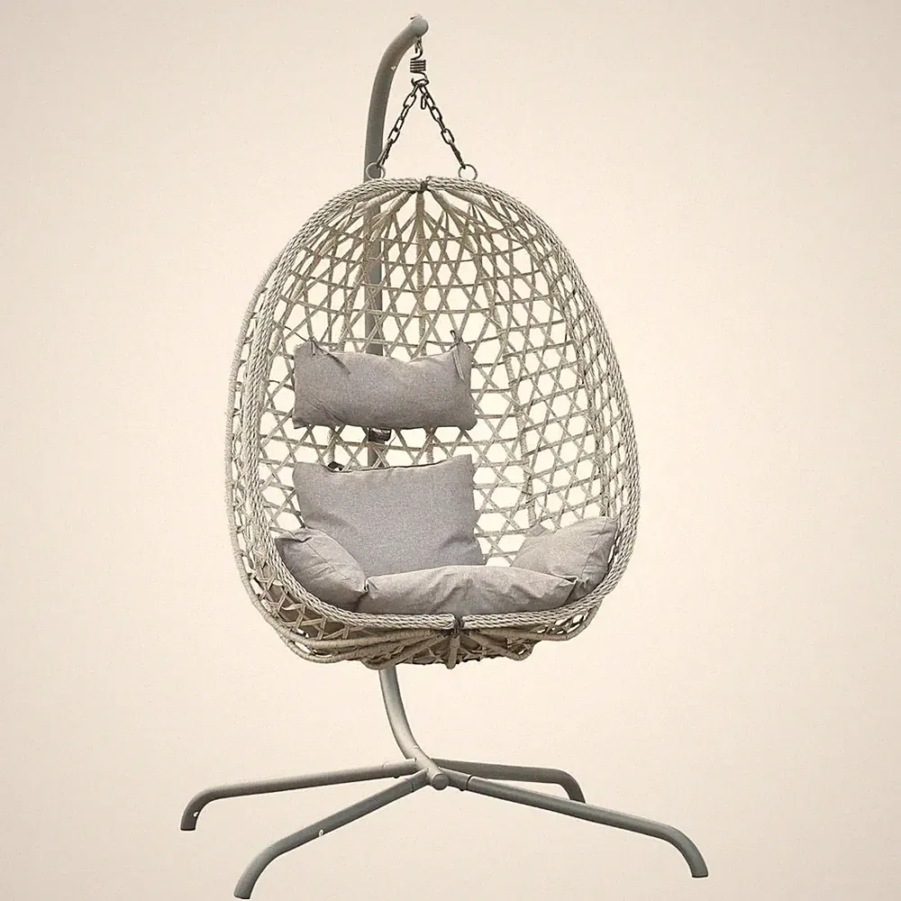 Hanging Egg Chair with Metal Stand & Cushion Set Rattan Garden Swing Chair Grey