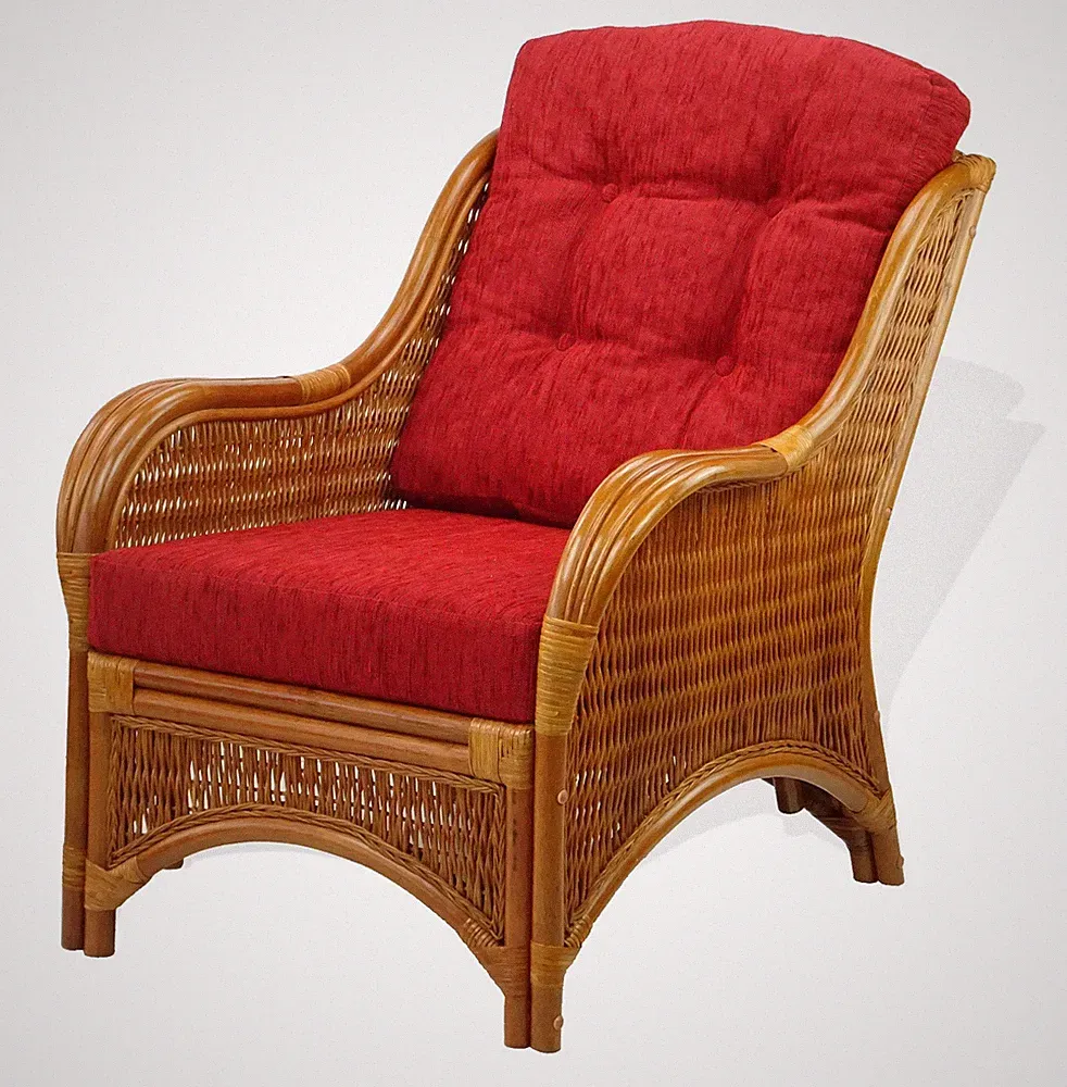 Lounge Armchair Jam Handmade Natural Rattan Wicker w/Burgundy Cushions, Cognac