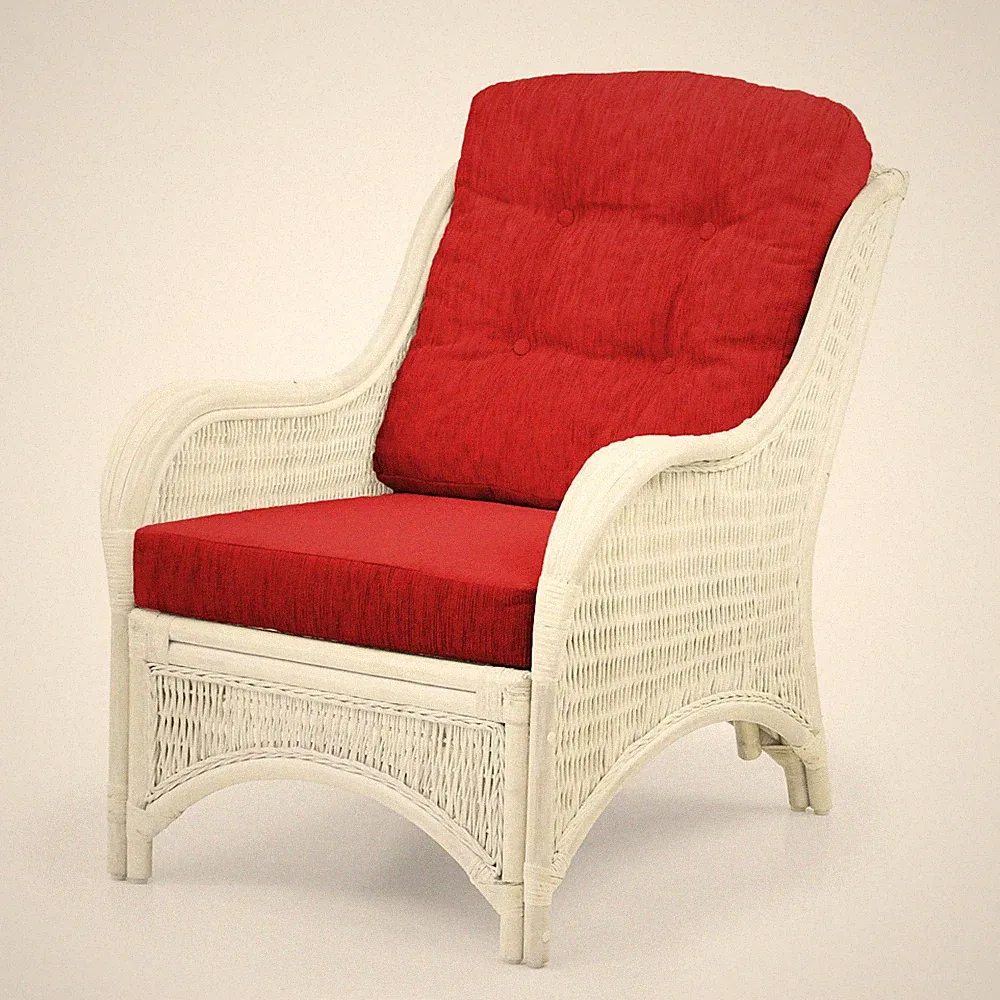 Lounge Armchair Jam Handmade Natural Rattan Wicker w/ Burgundy Cushions, White