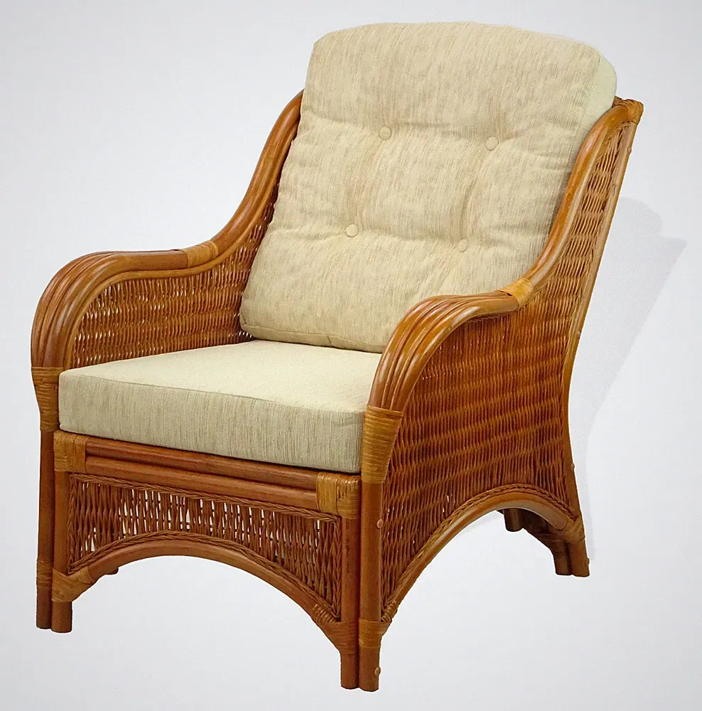 Lounge Armchair Jam Handmade Natural Rattan Wicker w/Cream Cushions, Cognac