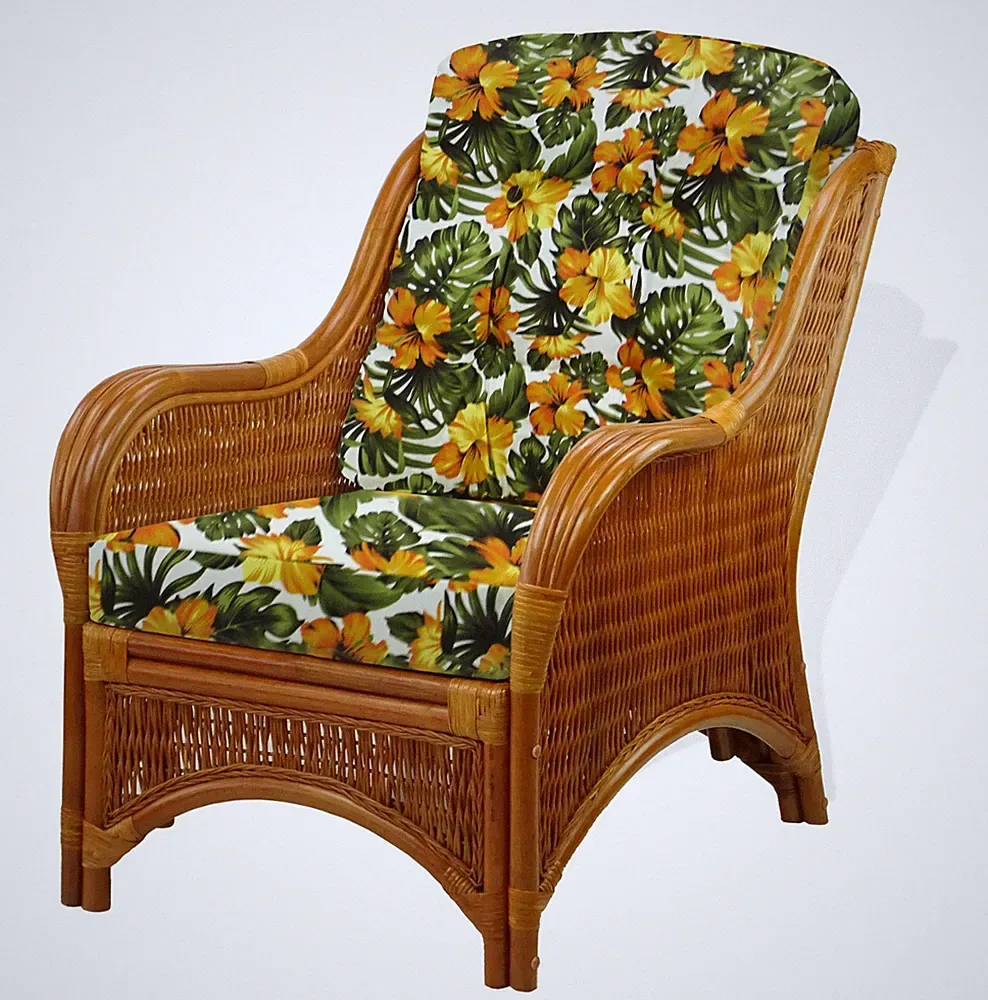 Lounge Armchair Jam Handmade Natural Rattan Wicker w/Floral Cushions, Cognac