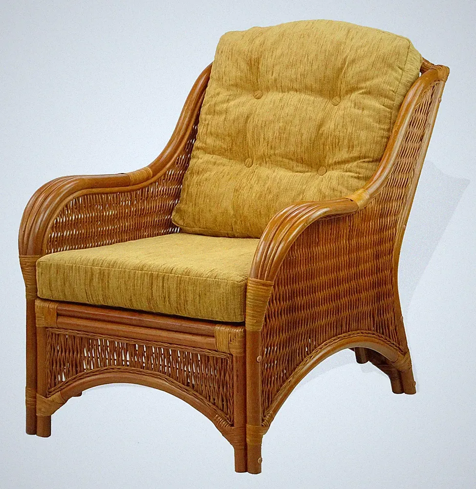 Lounge Armchair Jam Handmade Natural Rattan Wicker w/Light Brown Cushions,Cognac
