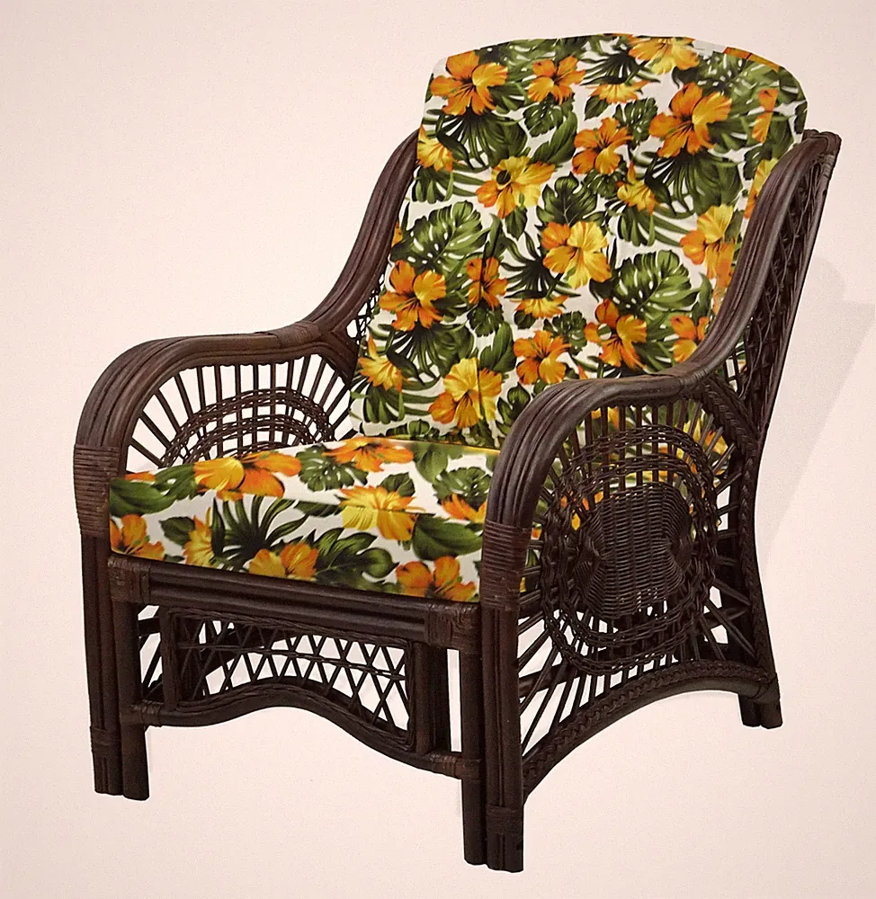 Lounge Armchair Malibu Handmade Rattan Wicker w/ Floral Cushions, Dark Brown