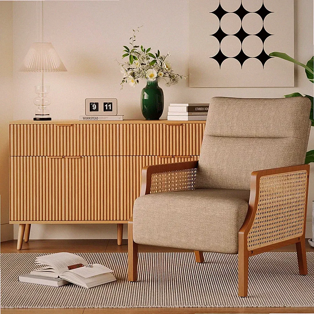 Mid Century Rattan Accent Chair - Upholstered Lounge Chair for Living Room/Balco