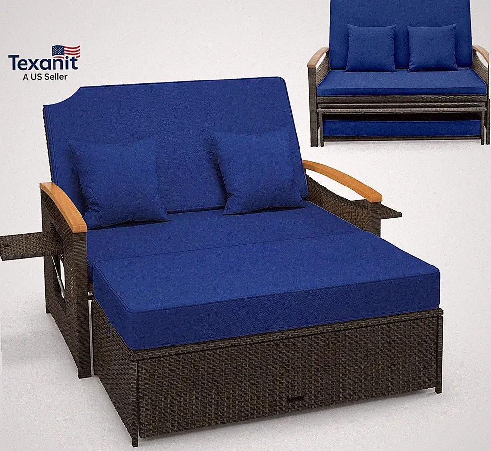 Moccha Outdoor Wicker Daybed, Patio Rattan Loveseat Sofa W/ 4-Level Adjustable B