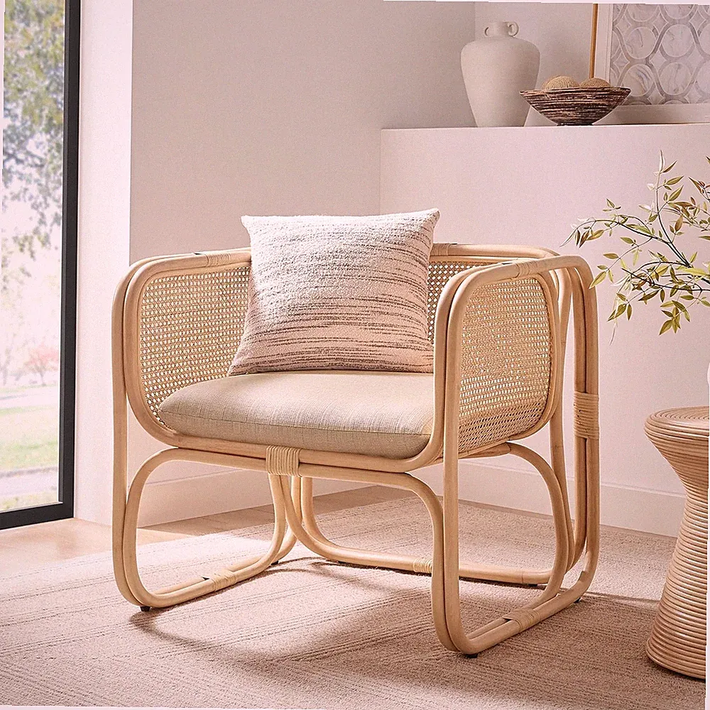 Natural Rattan Accent Armchair - Curved Lounge Chair with Cushioned Seat