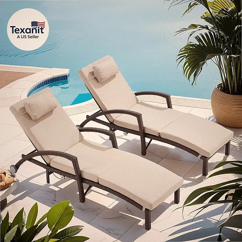 Outdoor Lounge Chairs Set of 2, Wicker Patio Pool Lounge Chair with Gas-Lift Adj