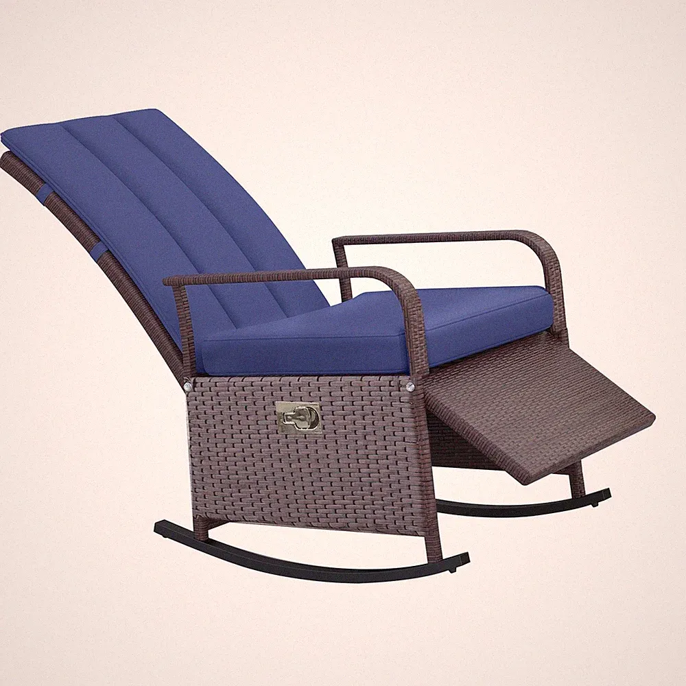Outdoor PE Rattan Rocker Recliner Chair 352lb Blue Cushion Included