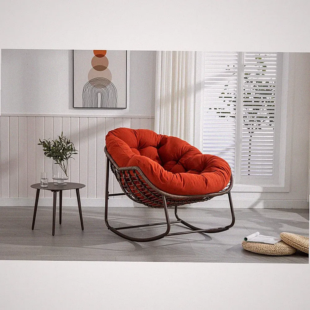 Outdoor Rattan Rocking Chair Padded Cushion Rocker Recliner Chair Outdoor