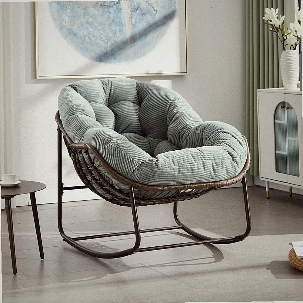 Outdoor Rattan Rocking Chair Padded Cushion Rocker Recliner Chair Outdoor Green