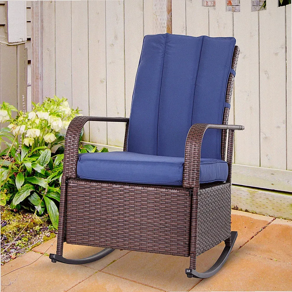 Outdoor Rattan Wicker Rocking Chair Patio Recliner with Soft Cushion, Adjustabl