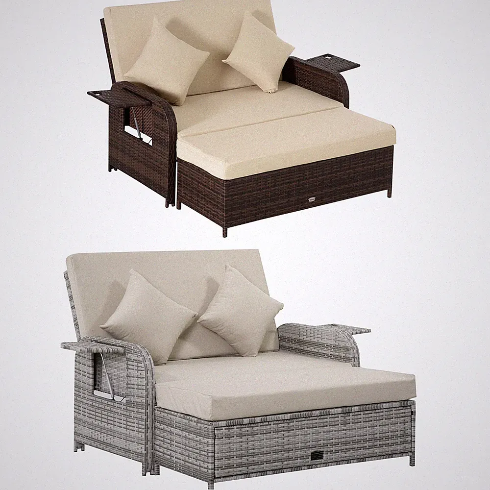 Outsunny 2 PCS Patio Wicker Loveseat Sofa Set w/ Storage Ottoman