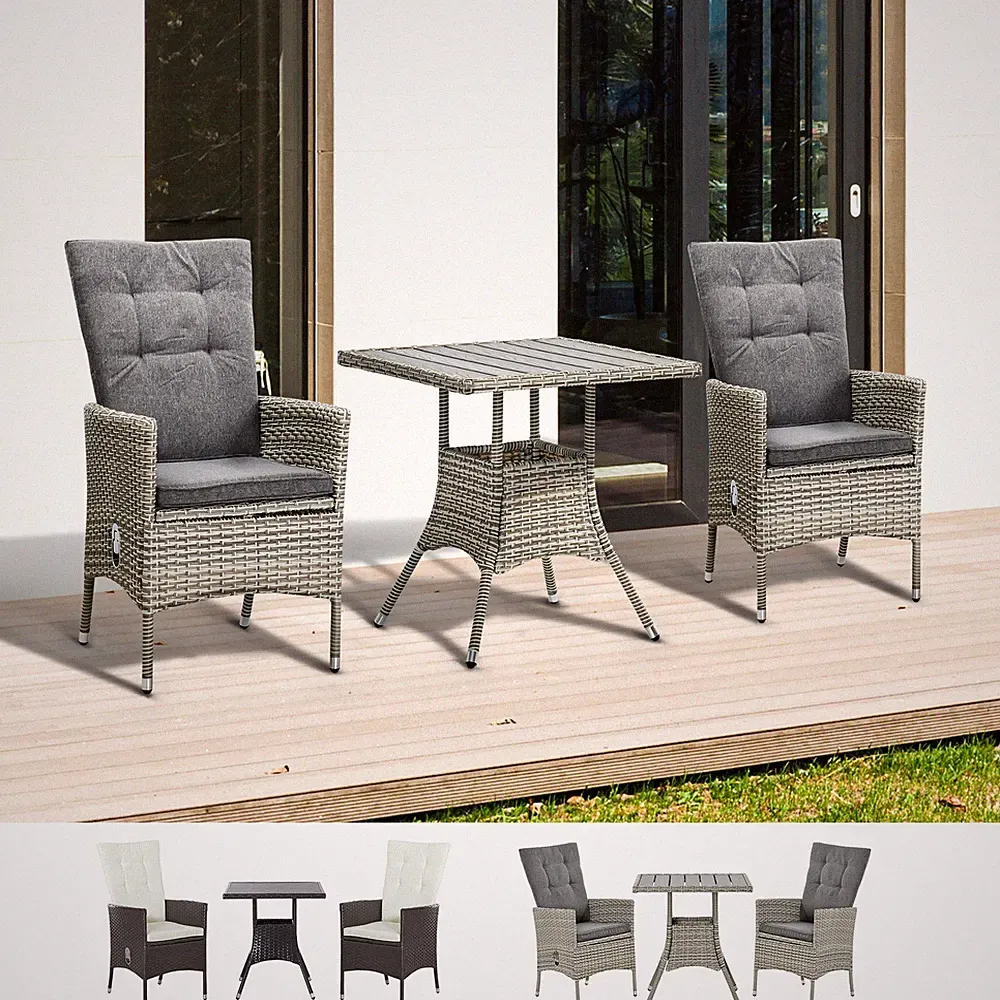 Outsunny 3 PCS Outdoot PE Rattan Conversation Recliner Chairs Set w/ Cushion