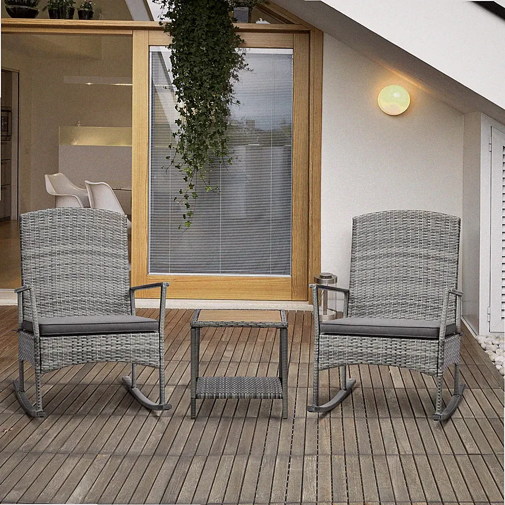 Outsunny 3 PCS Paito PE Rattan Recliner Rocker Chair w/ Soft Cushion for Garden