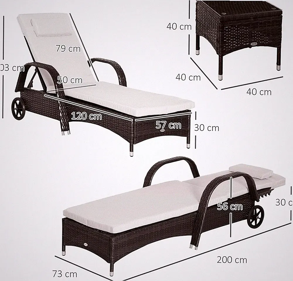 Outsunny 3 Pieces PE Rattan Patio Lounge Chair Set, Outdoor Recliner Lounge