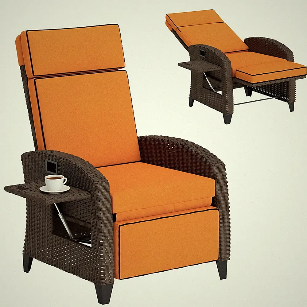 Outsunny Garden Recliner with Cushion, Rattan Recliner Chair with Armrests