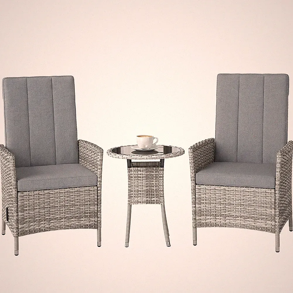 Outsunny Rattan Bistro Set, Reclining Garden Chairs and Table, Light Grey