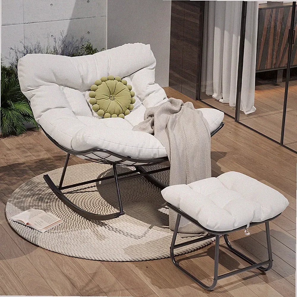 Oversized Papasan Rocking Chair with Footrest, Outdoor Lounge Chair with Ottoman
