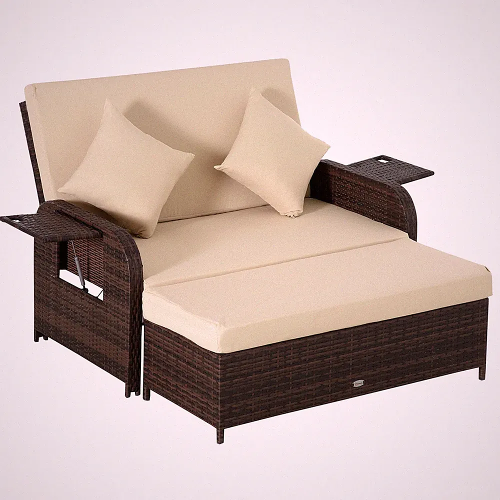 Patio Rattan Daybed Loveseat w/ Storage Ottoman Side Tables Cushions Beige