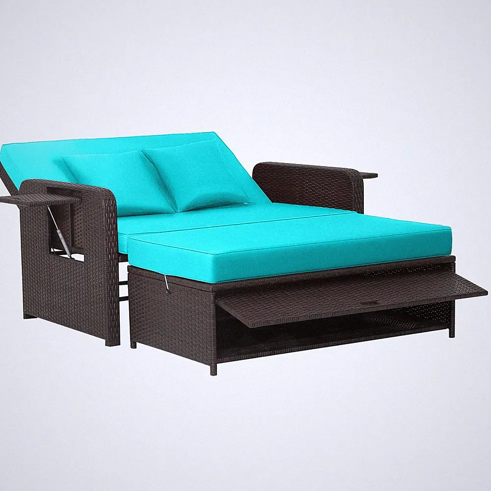 Patio Rattan Loveseat Set Daybed Lounge Storage Ottoman Side Tables Adjust