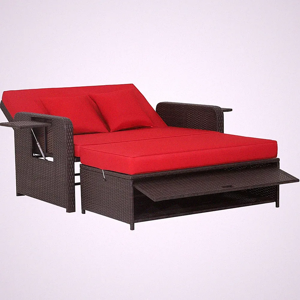 Patio Rattan Loveseat Set Daybed Lounge Storage Ottoman Side Tables Adjust Red
