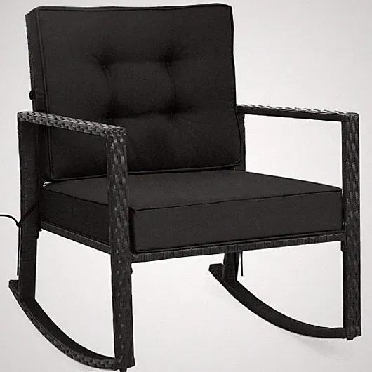 Patio Rattan Rocker Outdoor Glider Rocking Chair Cushion Lawn-Black - Color: Bla