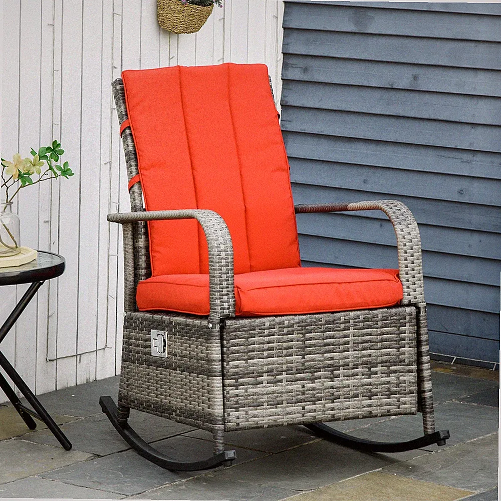 PE Rattan Rocking Recliner with Footrest, Red