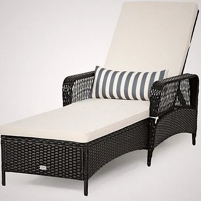 PE Wicker Rattan Chaise Lounge Chair Armrest Outdoor Recliner Adjustable Pillow