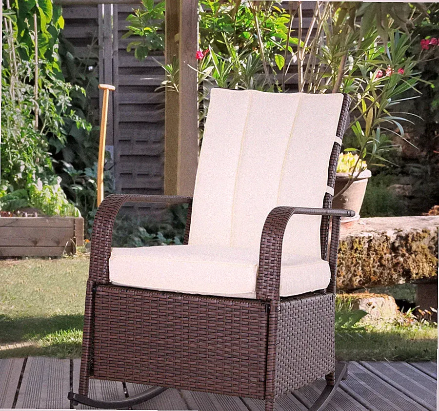 Rattan Wicker Rocking Chair Outdoor Patio Recliner Cream Soft Cushion Adjustable