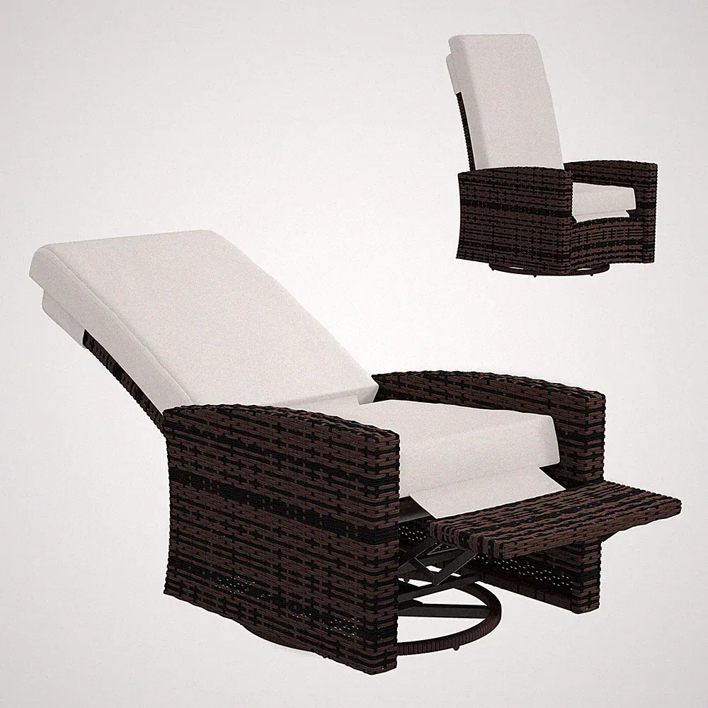 Reclining Rattan 360° Swivel Chair Cushioned Recliner, Khaki
