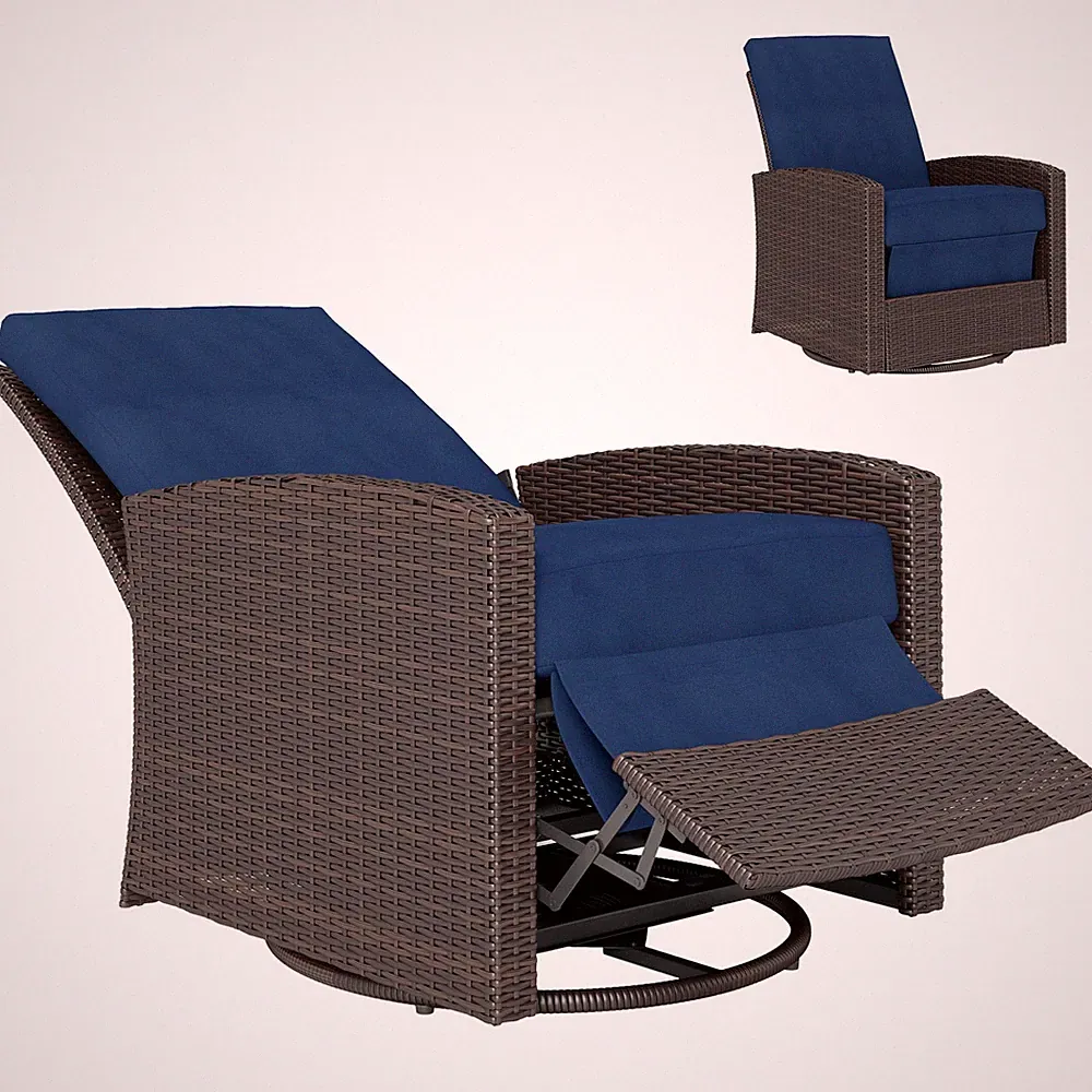 Reclining Rattan 360° Swivel Chair, Outdoor Patio Cushioned Recliner Dark Blue