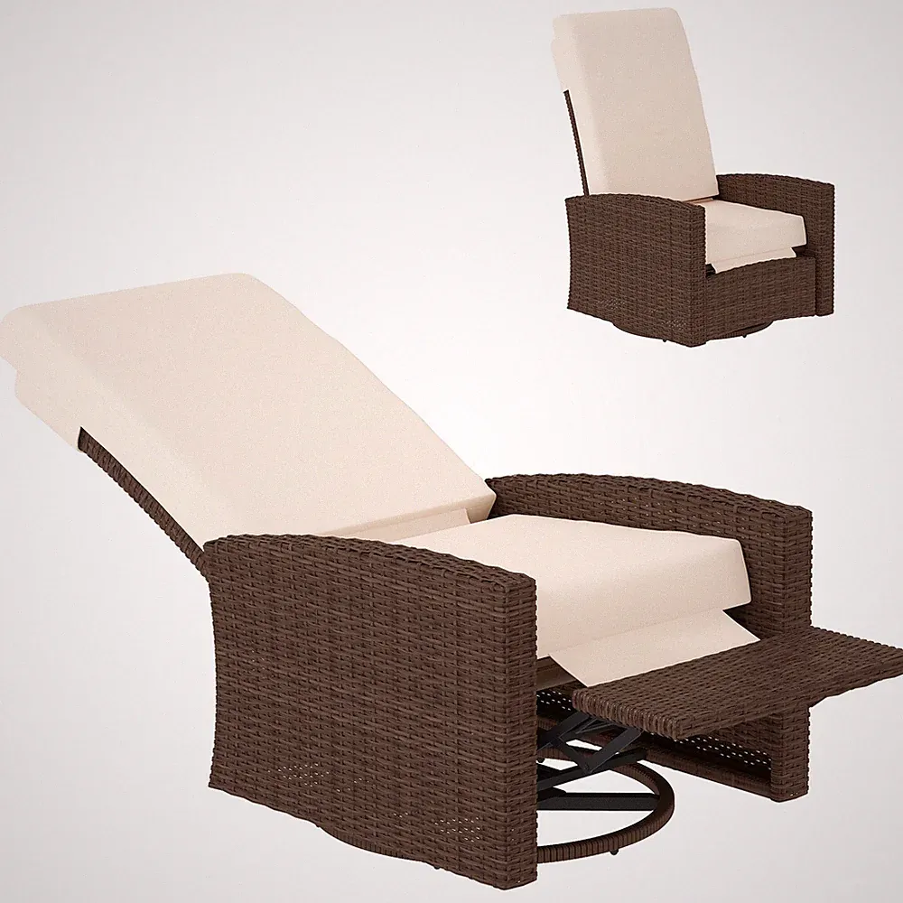 Reclining Rattan 360° Swivel Chair, Outdoor Patio Cushioned Recliner Khaki