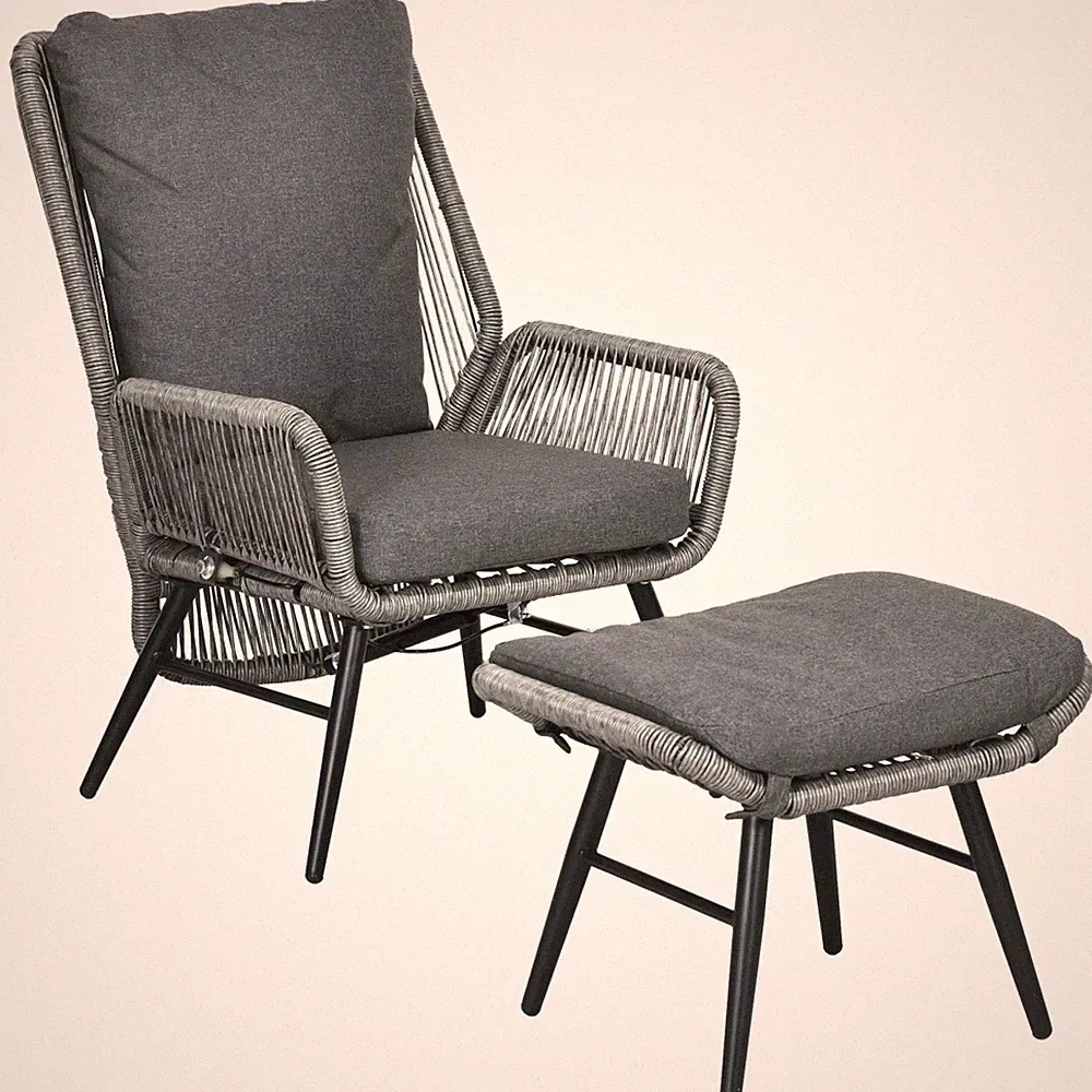 Reclining Rattan Chair & Footstool Set, Light Grey, Padded Steel 67x83x94cm Home