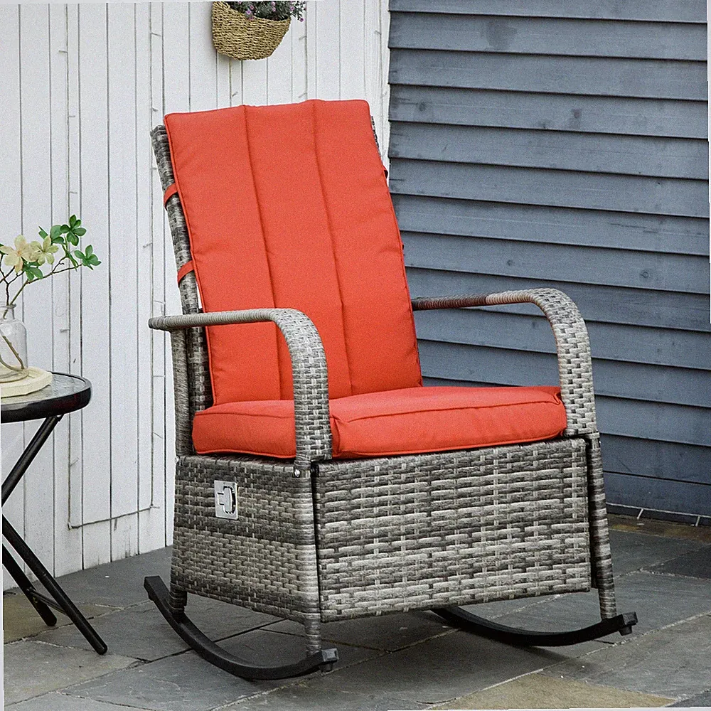 Reclining Rocking Chair, Outdoor PE Wicker Porch Rocker, Cushion, Patio, Red