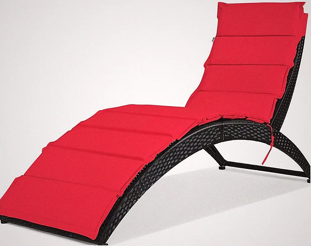 Red Foldable Outdoor Wicker Reclining Lounge Chair with Cushion